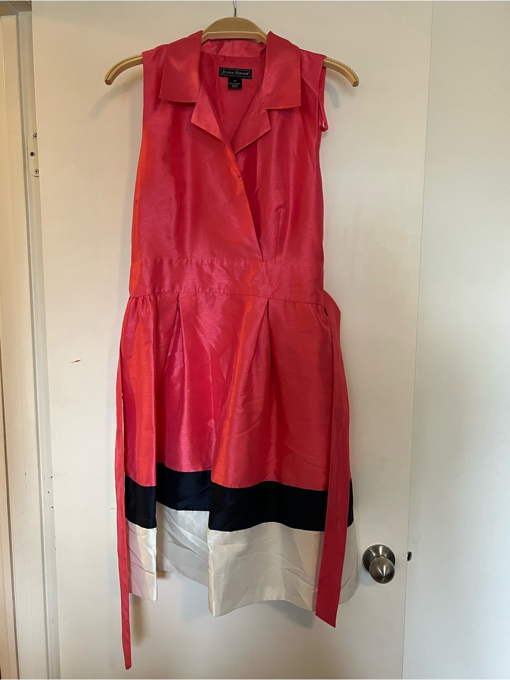 Jessica Howard Coral Pink Colorblock Belted Fit & Flare Dress Size 14